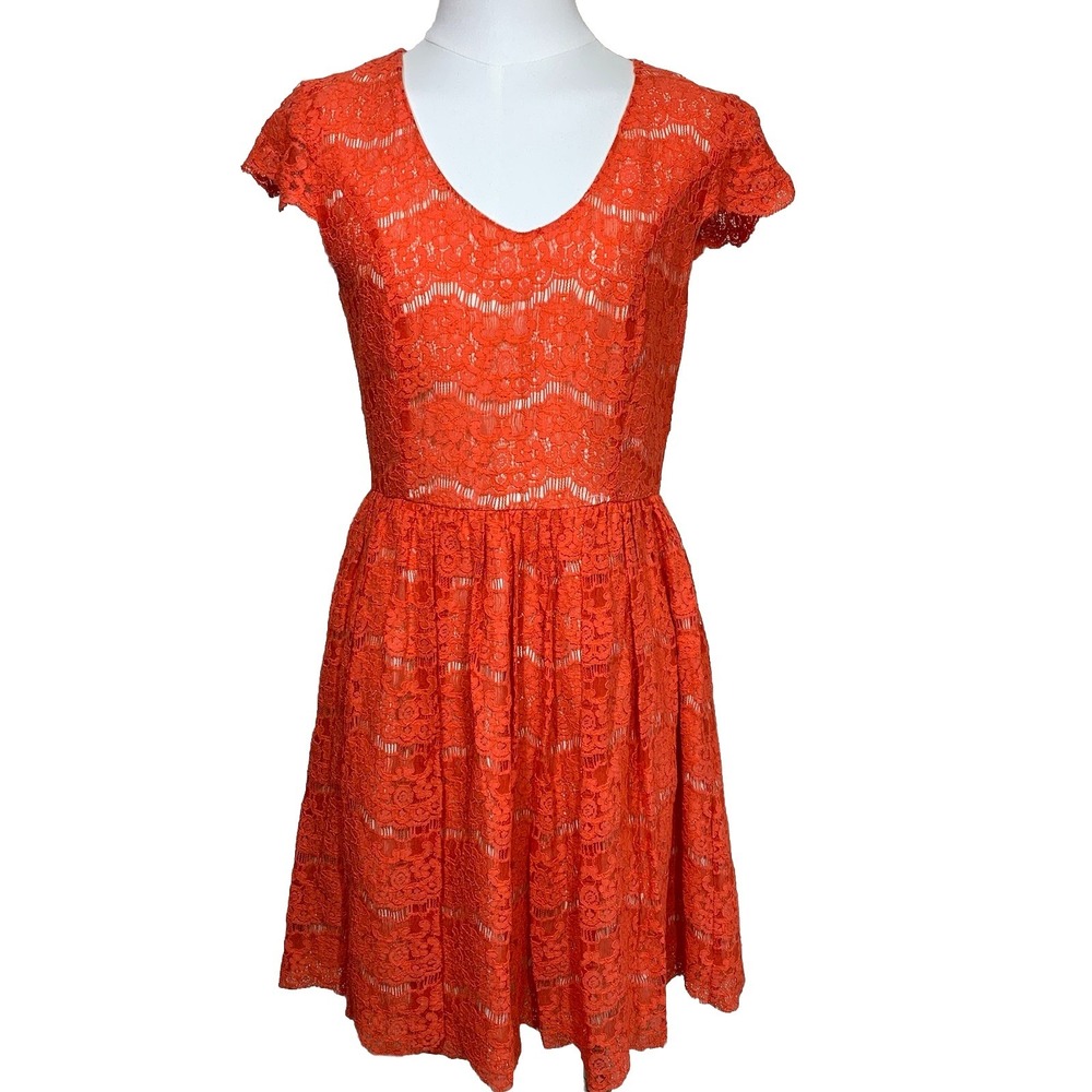 Kensie Lace Fit and Flare Dress Womens Small‎ Orange V-Neck Cap Sleeve Mini